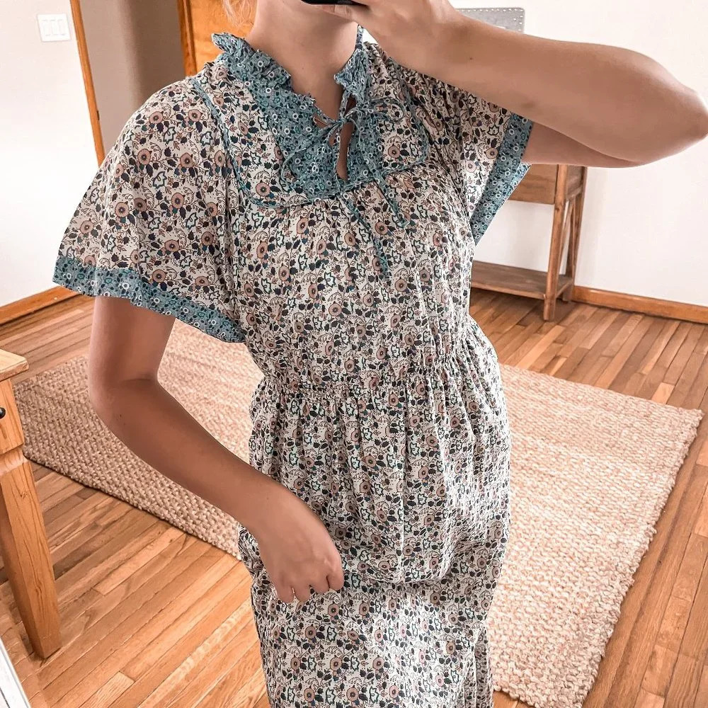 Othilia Anthro Floral Ruffle Sleeve Floral Cottagecore Bohemian Maxi Dress S